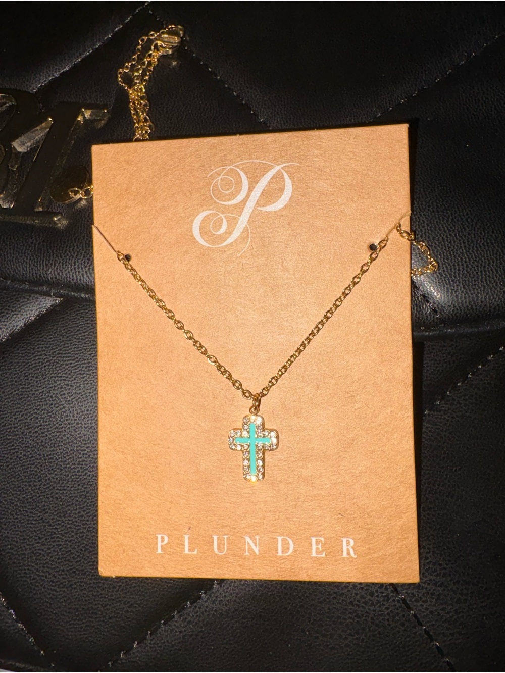 Plunder Gold Necklace with Turquoise and Clear Crystal Cross